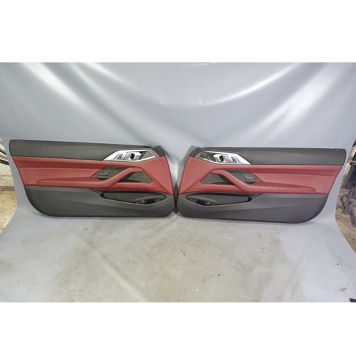 Damaged 21-24 BMW G22 4-Series Coupe Front Interior Door Panel Pair Red Leather