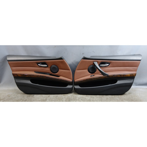06-08 BMW E90 E91 3-Series 4Dr Front Int Door Panel Pair Terra Brown Leather OEM