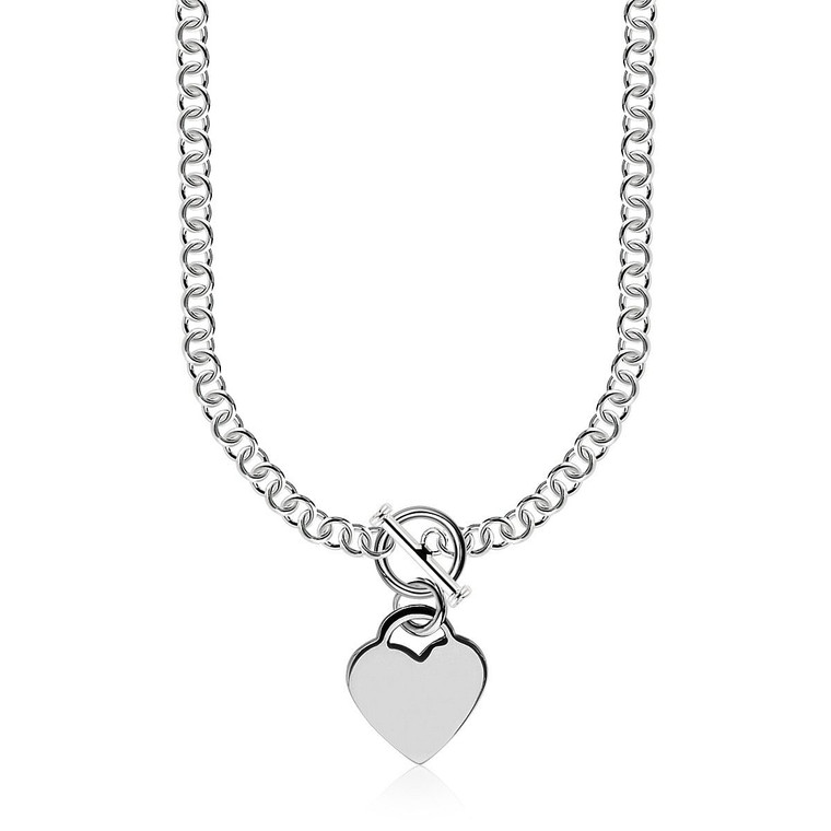 Sterling Silver Rhodium Plated Rolo Chain Necklace with a Heart Toggle Charm P150-00620-18