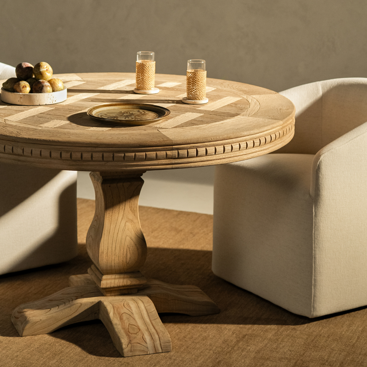 A close up of the parquetry top of a dining table