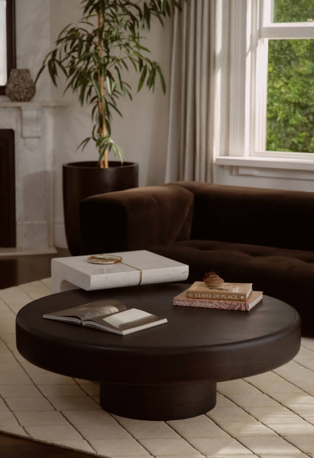 Dark timber round coffee table styled with books and decorative objects, set on a cream geometric rug beside a dark velvet sofa in a bright living room.