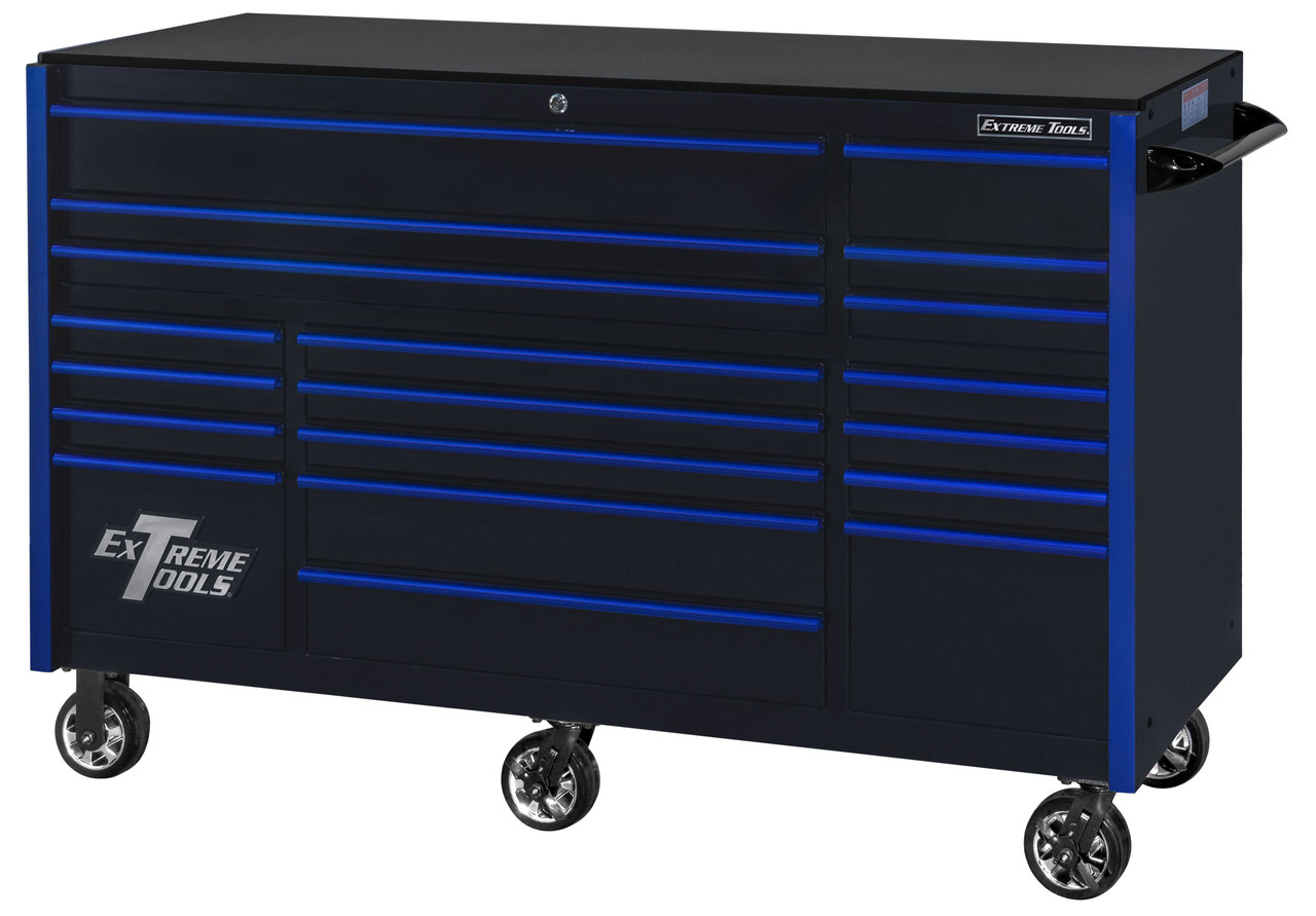 Extreme Tools RX723019RCBKBL-250 - RX Series 72", 19 Drawer, 30" Deep Roller Cabinet - Black with Blue Drawer Pulls