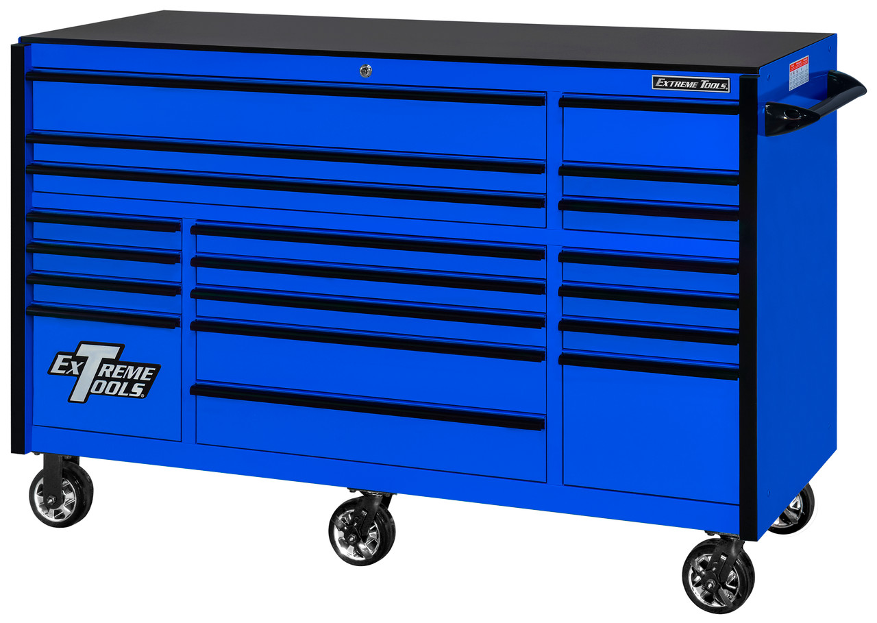 Extreme Tools RX723019RCBLBK-250 - RX Series 72", 19 Drawer, 30" Deep Roller Cabinet - Blue with Black Drawer Pulls