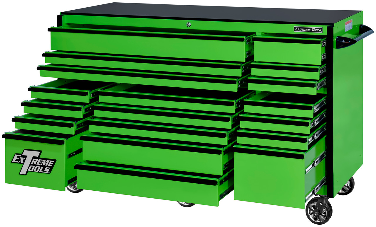 Extreme Tools RX723019RCGNBK-250 - RX Series 72", 19 Drawer, 30" Deep Roller Cabinet - Green with Black Drawer Pulls