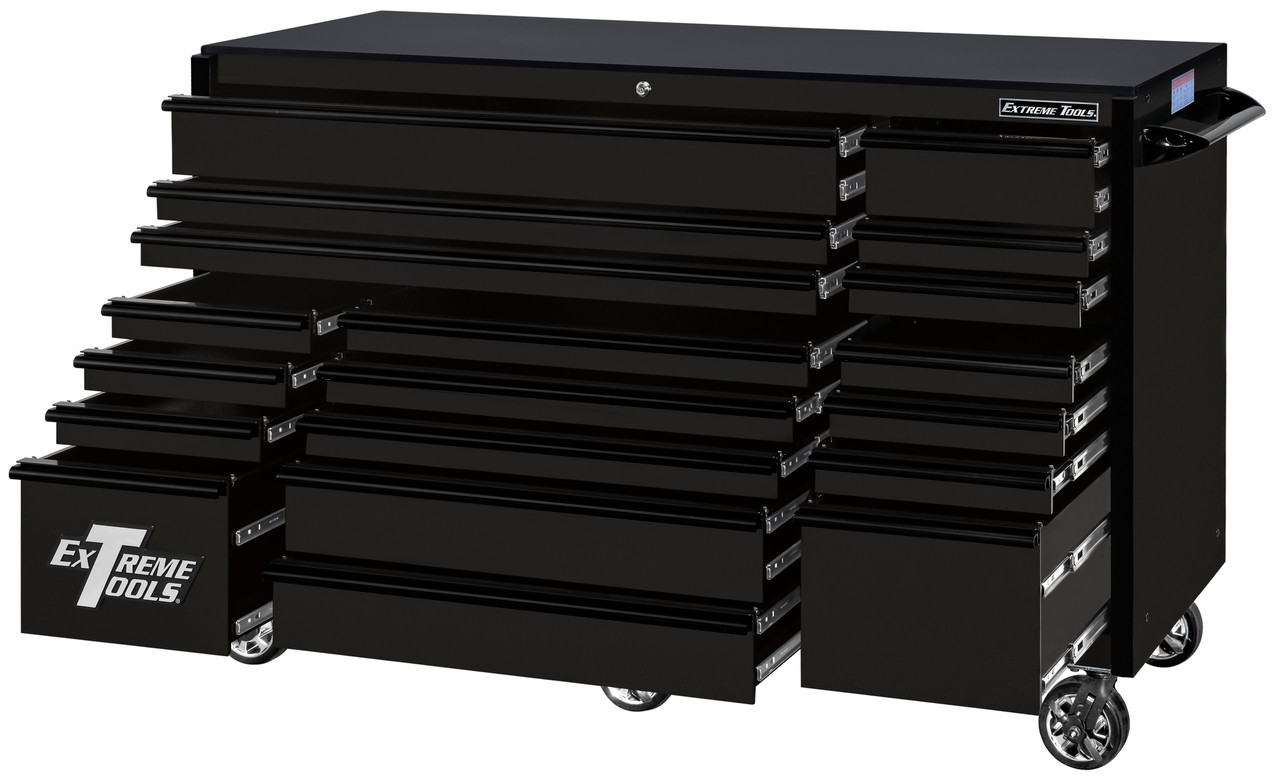 Extreme Tools RX723019RCMBBK-250 - RX Series 72", 19 Drawer, 30" Deep Roller Cabinet - Matte Black with Black Drawer Pulls