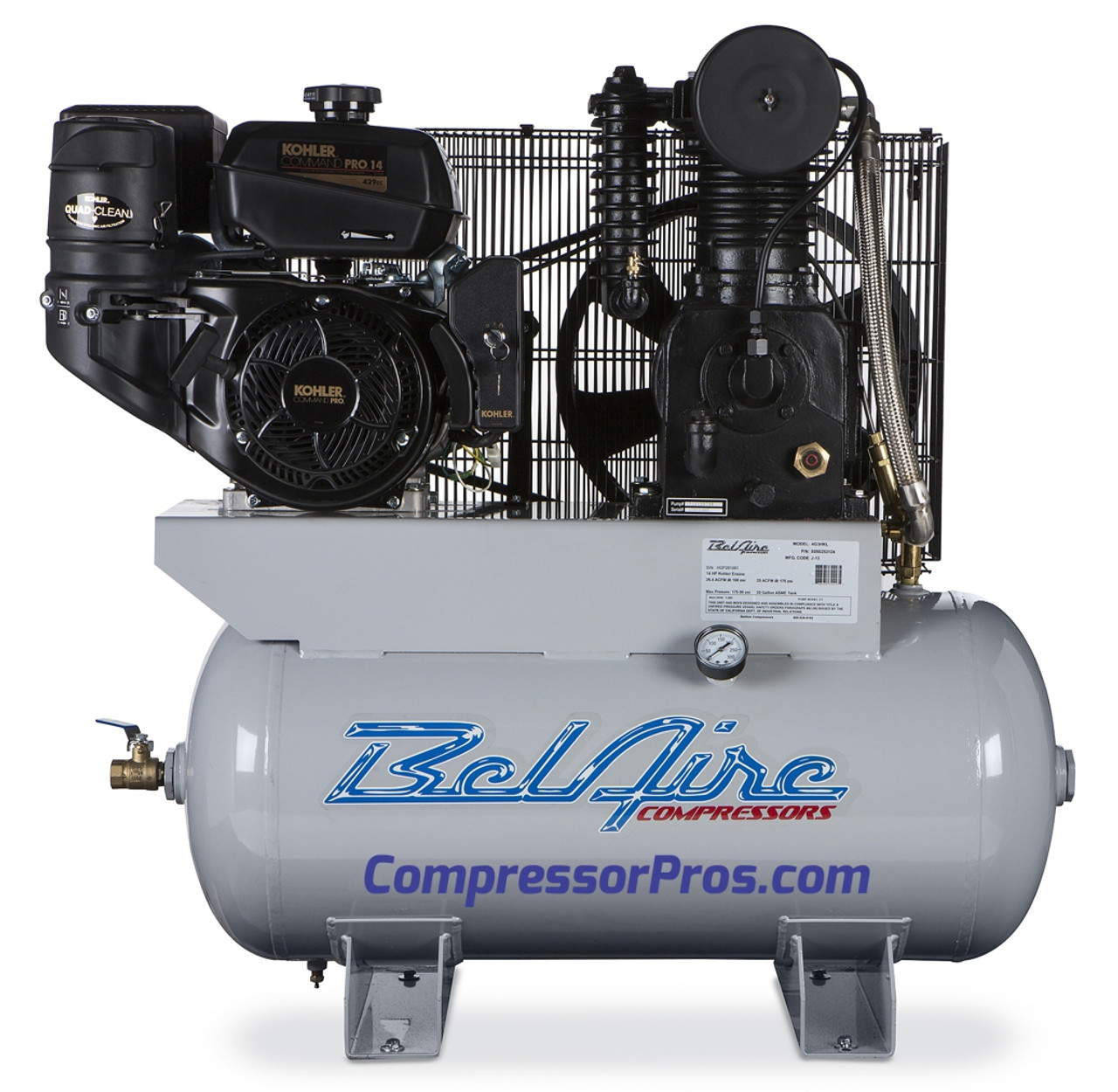 BelAIre 4G3HKL 14 HP Kohler Two Stage Cast Iron Gasoline Driven 30 Gallon  Service Truck Air Compressor