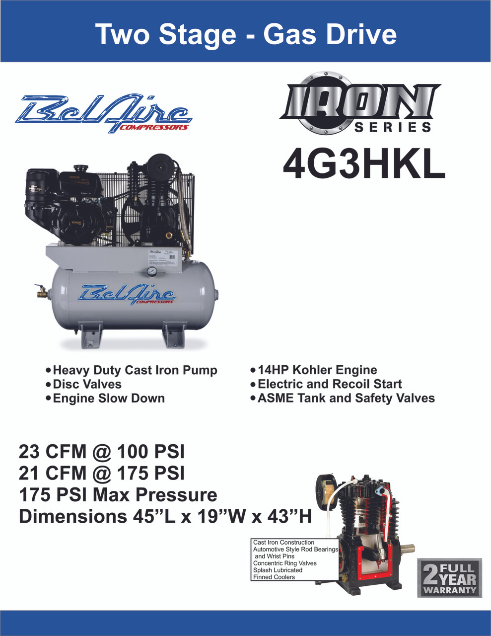 BelAIre 4G3HKL 14 HP Kohler Two Stage Cast Iron Gasoline Driven 30 Gallon  Service Truck Air Compressor