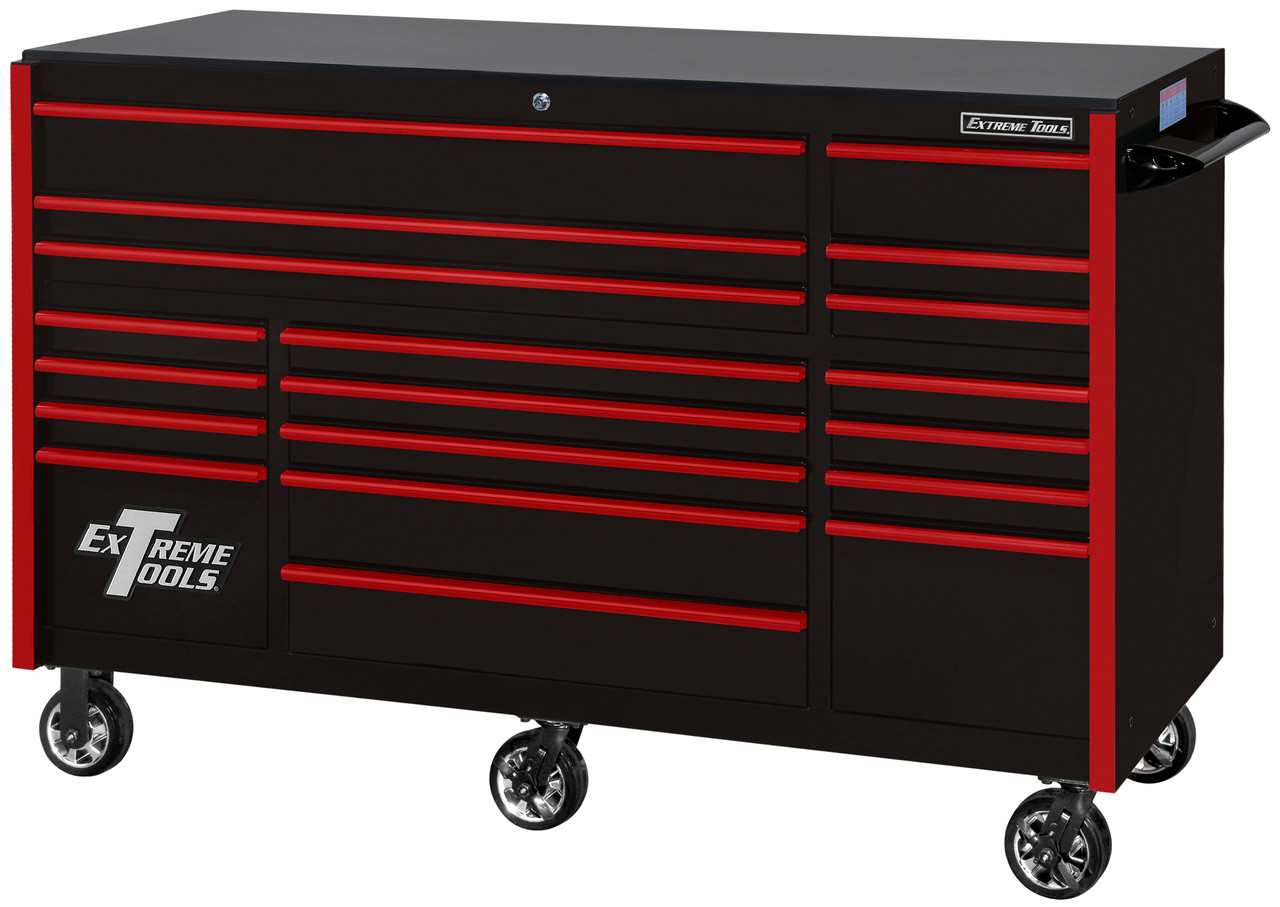 Extreme Tools RX723019RCRDBK-250 - RX Series 72", 19 Drawer, 30" Deep Roller Cabinet - Red with Black Drawer Pulls