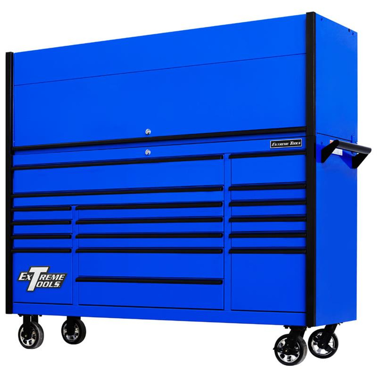 Extreme Tools DX7218HRUK Combo - DX Series 72", 17 Drawer, 21" Deep Roller Cabinet and Matching Hutch - Blue with Black Drawer Pulls