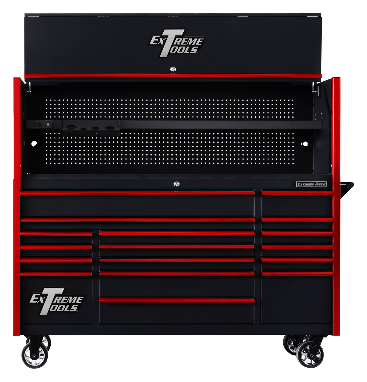 Extreme Tools DX7218HRKR Combo - DX Series 72", 17 Drawer, 21" Deep Roller Cabinet and Matching Hutch - Black with Red Drawer Pulls