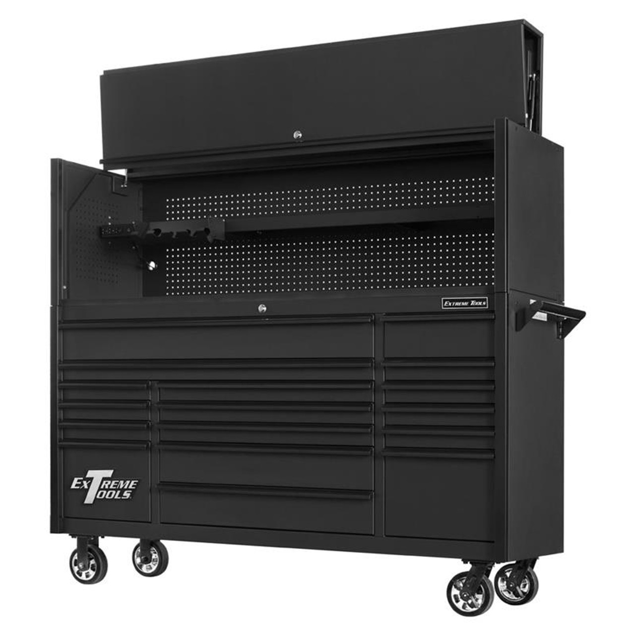 Extreme Tools DX7218HRMK Combo - DX Series 72", 17 Drawer, 21" Deep Roller Cabinet and Matching Hutch - Matte Black with Black Drawer Pulls