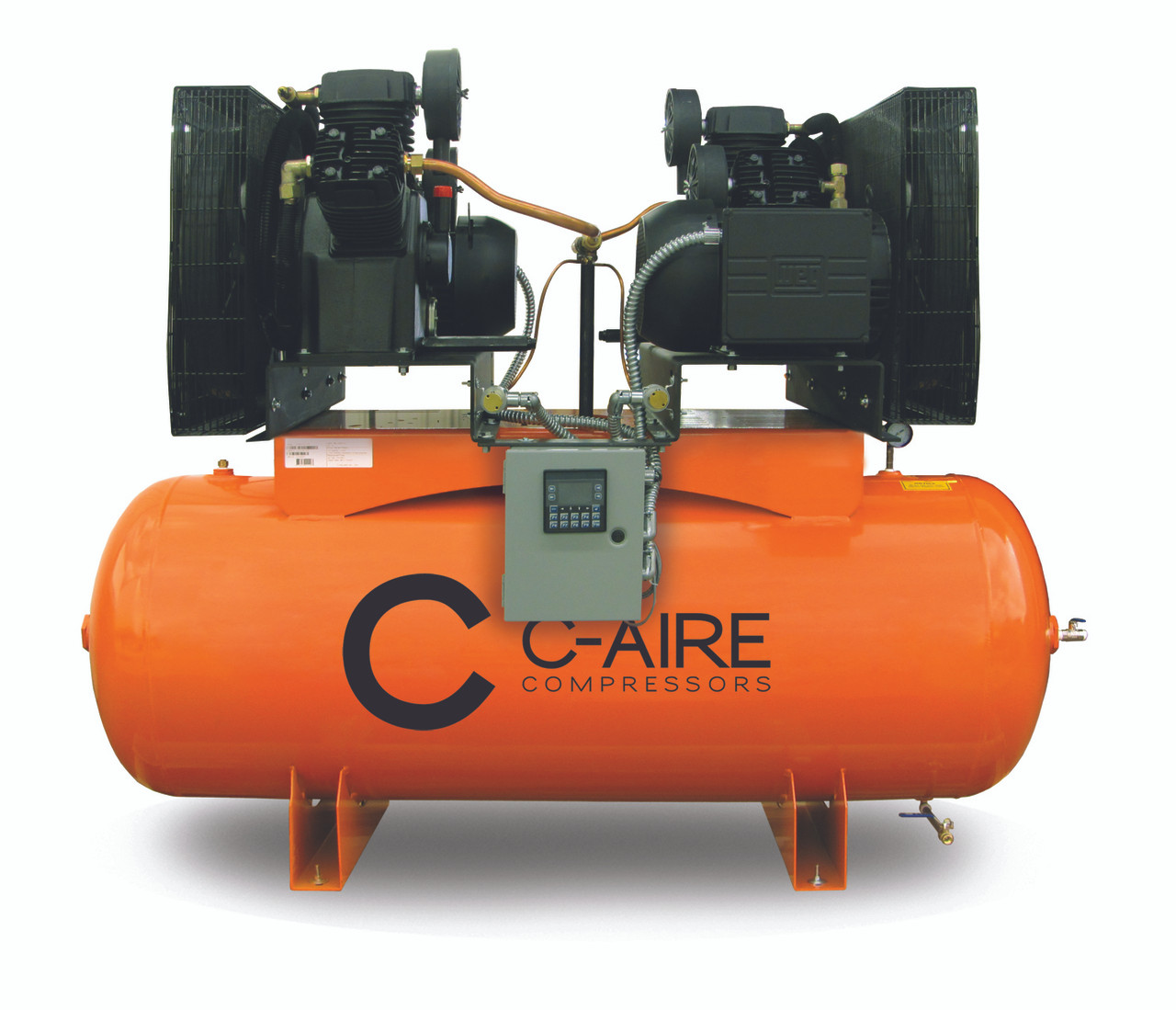 C-Aire A075D240-1230 2 x 7.5 HP 208-230 Volt Single Phase Duplex Air Compressor 240 Gallon