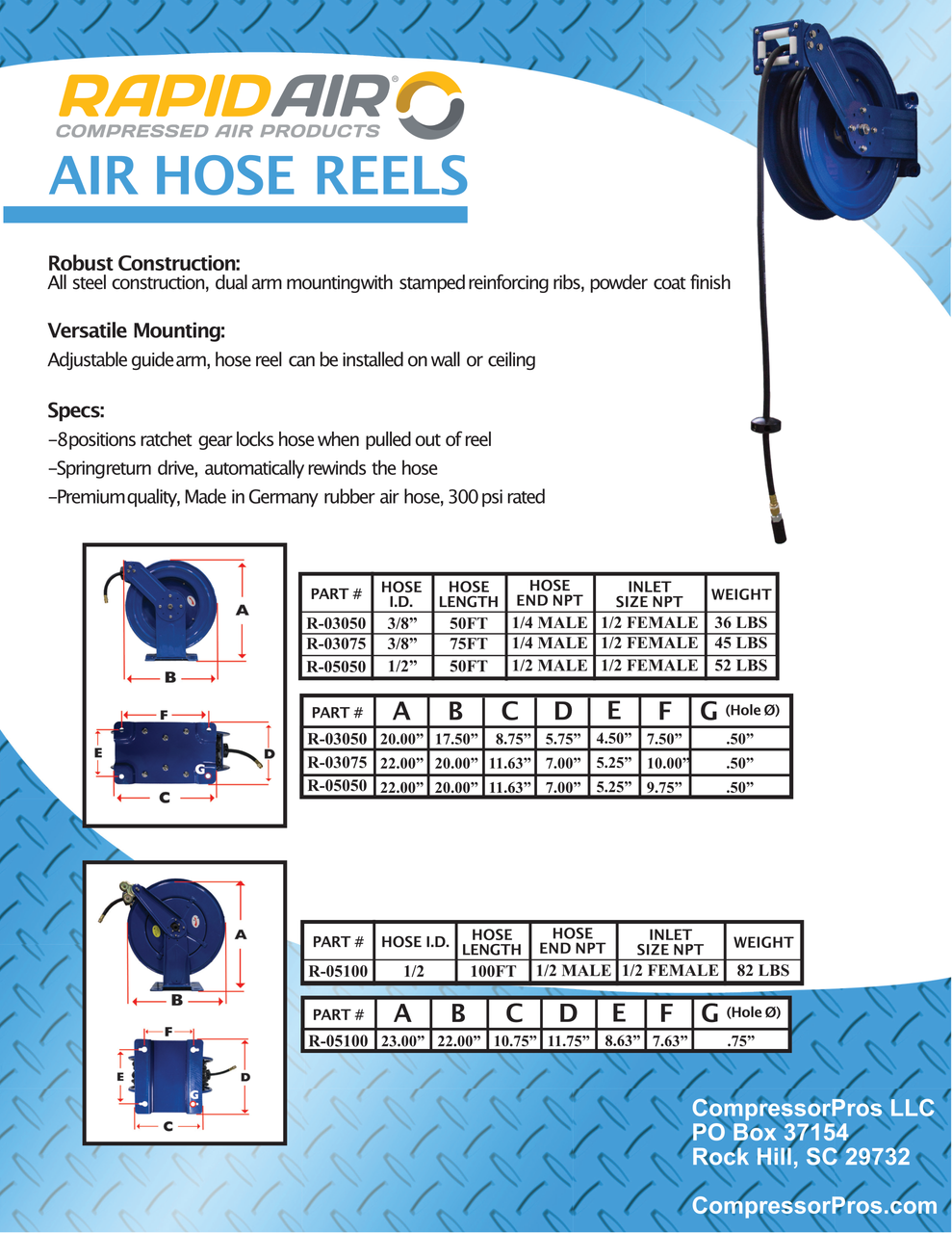 RapidAir R-03050 Hose Reel with 50 Feet of 3/8" Hose