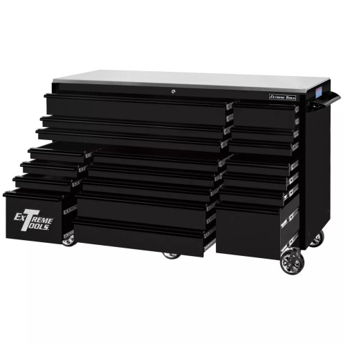 Extreme Tools RX722519RCBKBU-X 72" 19 Drawer Roller Cabinet - Black with Black Drawer Pulls
