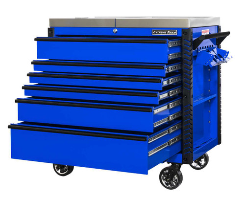 Extreme Tools EX4106TCSBLBK 41" 6 Drawer Deluxe Series Sliding Top Tool Cart -Blue  with Black Drawer Pulls Extreme Tools EX4106TCSBLBK 41" 6 Drawer Deluxe Series Sliding Top Tool Cart -Blue  with Black Drawer Pulls