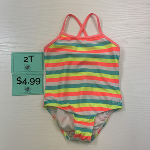 OP Striped 1 pc Swim Suit Peach/Teal/Yellow 2T