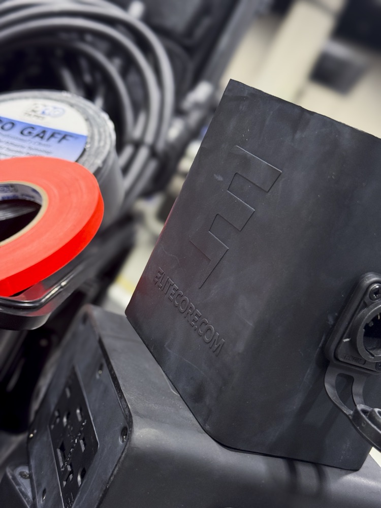 Stage power box with gaff and e-tape
