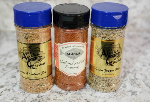 Alaska Tim's Wild Seafood Rub 3-Pack | (Smoked Salmon, Citrus Rub and Blackened Halibut)