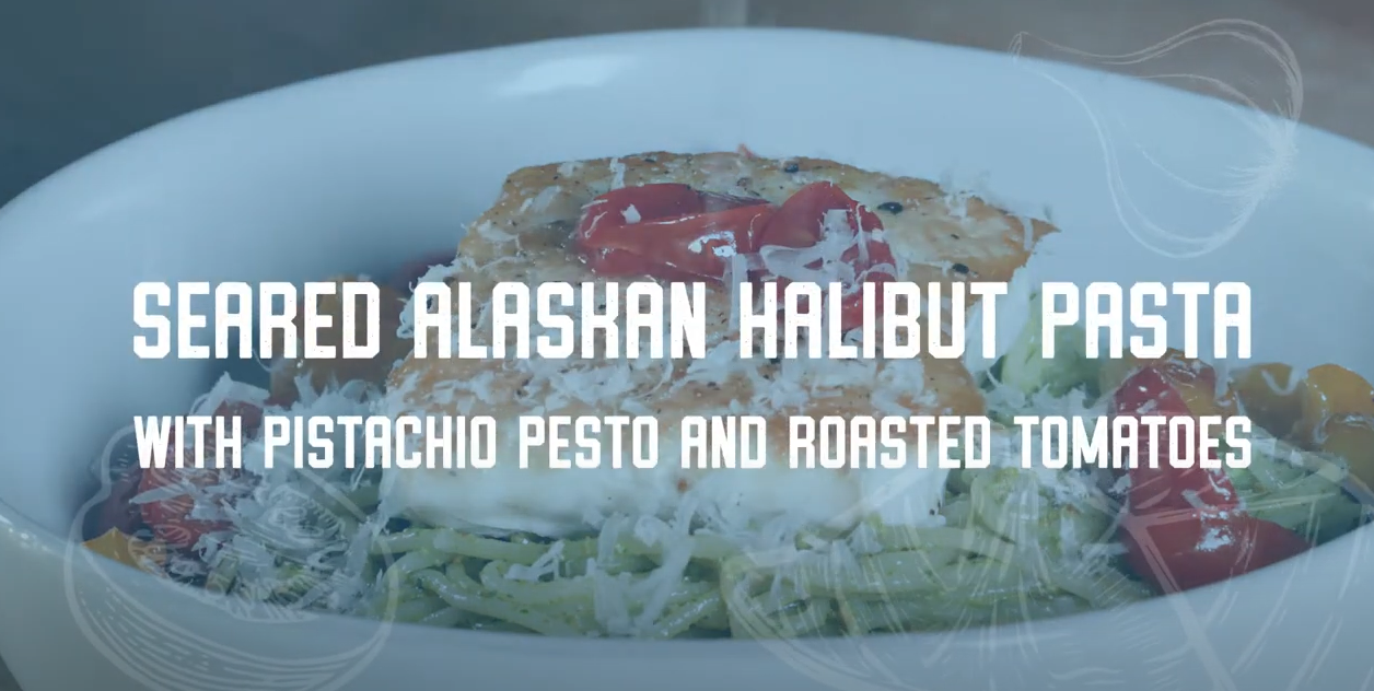 Seared Alaskan Halibut Pasta with Pistachio Pesto and Roasted Tomatoes