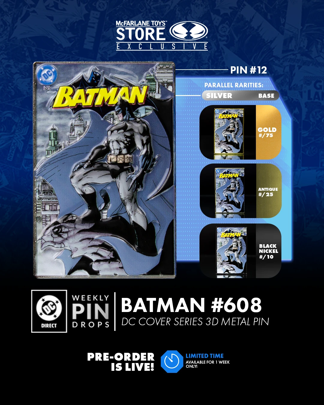 DC Pins Weekly Drop Pin #12. The Latest DC Cover Pin Drop. Batman #608 Exclusive 3D Metal Pin, Limited Edition. Only for a Limited Time!