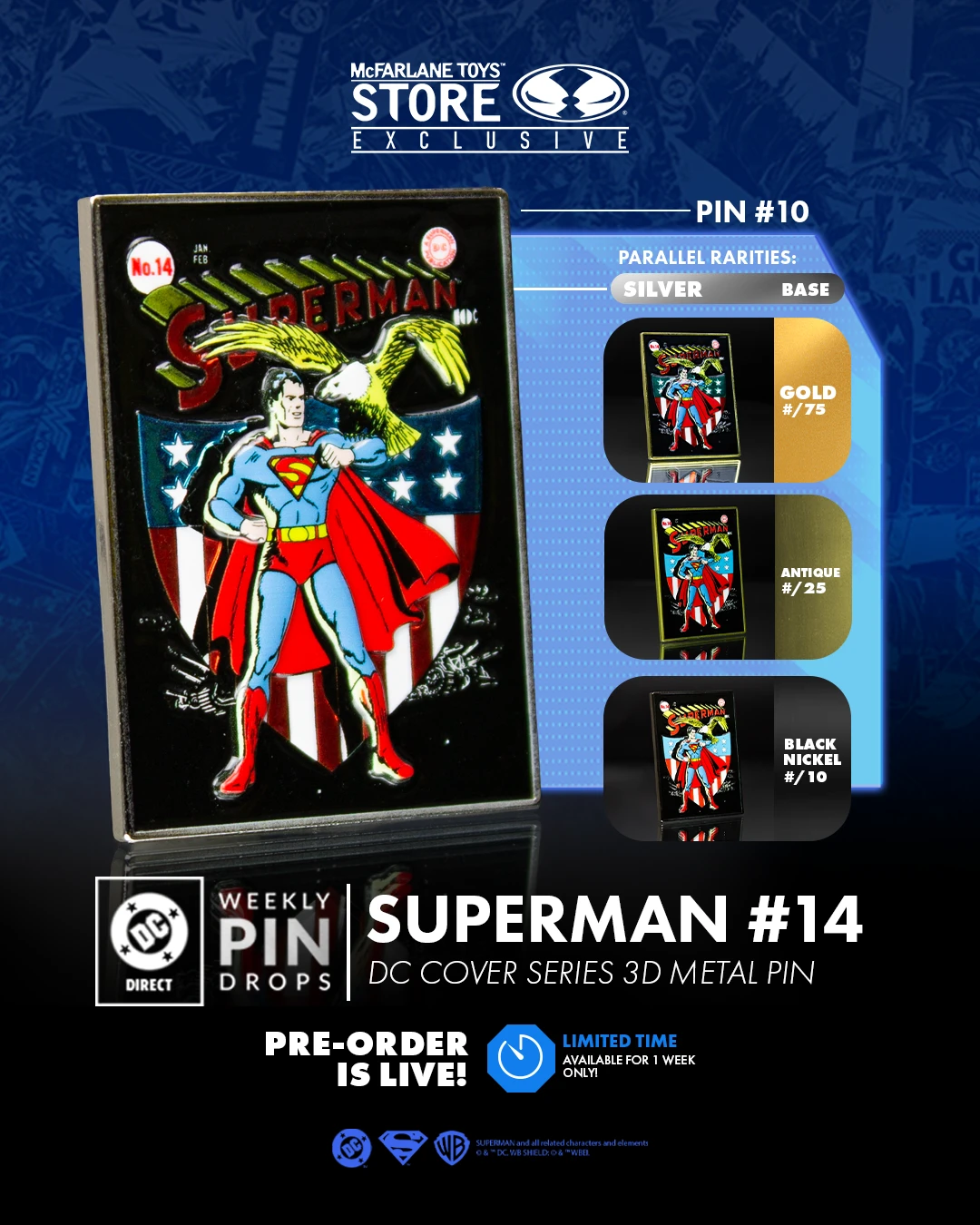 PRE-ORDER SPOTLIGHT! New DC Direct Weekly Pin Drop #10! Reserve your Superman #14 DC Cover Series 3D Metal Collectible Pin! (Button) Pre-Order!