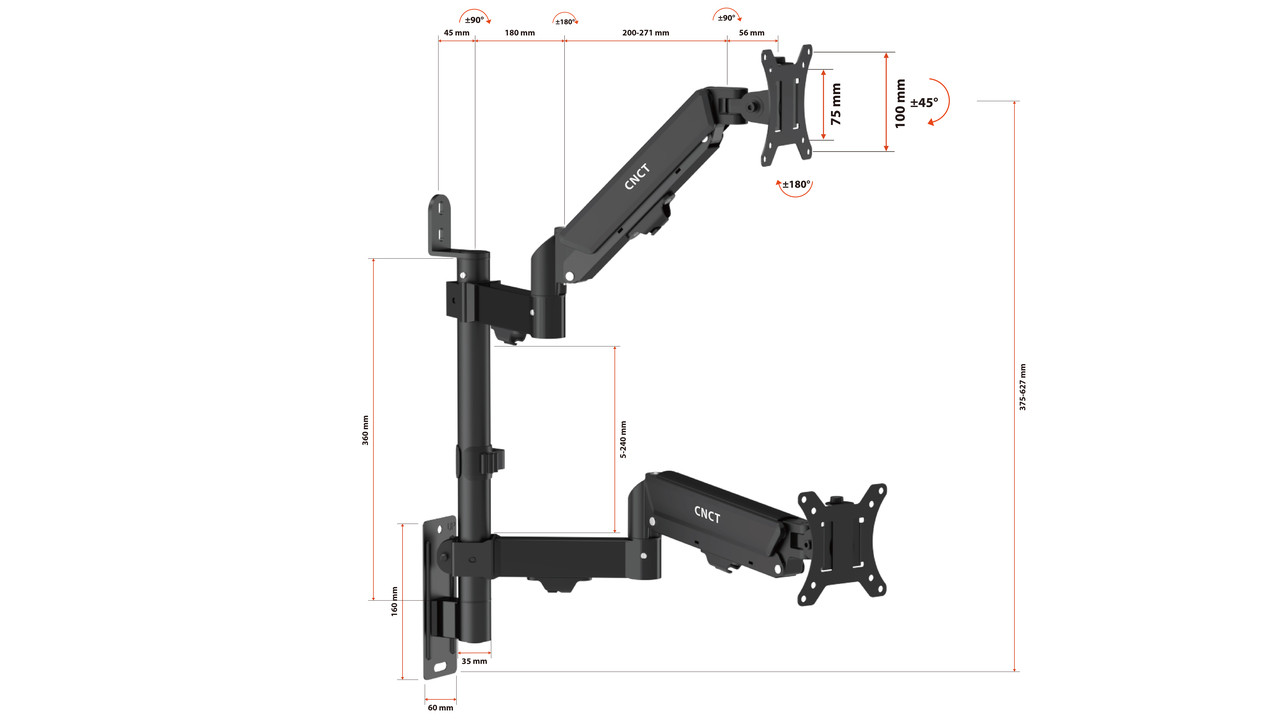 Dual Monitor Wall Mount - Hydraulic Gas Spring | CNCT®