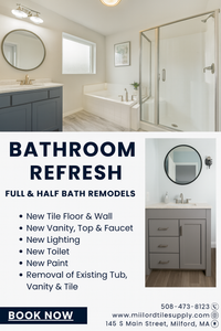 Full-Service Bathroom Remodeling in Douglas , MA | Milford Tile

Transform your home with Milford Tile’s full-service bathroom remodeling—Douglas , MA’s trusted experts in high-quality renovations. We specialize in new tile floors, custom tile shower installations, vanity replacements, updated lighting, shower fixture upgrades, and complete bathroom makeovers designed to fit your style and budget. Whether you're looking to modernize an outdated bathroom or create a luxury spa-style retreat, Milford Tile provides professional design, expert craftsmanship, and locally trusted service throughout Douglas , MA.

Our services include:
• Custom tile floors and tile shower installations
• Walk-in showers, shower niches, benches & waterproofing
• New vanities, sinks & custom countertops
• New bathroom lighting, mirrors & hardware
• Upgraded shower fixtures and plumbing updates
• Full bathroom gut-and-remodel services
• Fast, reliable scheduling from a Milford-based remodeling team

Choose Milford Tile for dependable, high-quality bathroom remodeling in Douglas , MA. Contact us today to schedule your free estimate.