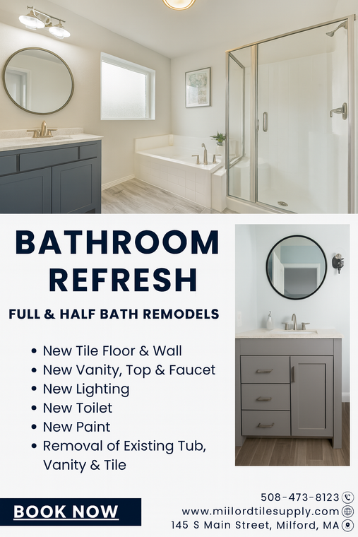 Full-Service Bathroom Remodeling in Mendon, MA | Milford Tile

Transform your home with Milford Tile’s full-service bathroom remodeling—Mendon, MA’s trusted experts in high-quality renovations. We specialize in new tile floors, custom tile shower installations, vanity replacements, updated lighting, shower fixture upgrades, and complete bathroom makeovers designed to fit your style and budget. Whether you're looking to modernize an outdated bathroom or create a luxury spa-style retreat, Milford Tile provides professional design, expert craftsmanship, and locally trusted service throughout Mendon, MA.

Our services include:
• Custom tile floors and tile shower installations
• Walk-in showers, shower niches, benches & waterproofing
• New vanities, sinks & custom countertops
• New bathroom lighting, mirrors & hardware
• Upgraded shower fixtures and plumbing updates
• Full bathroom gut-and-remodel services
• Fast, reliable scheduling from a Milford-based remodeling team

Choose Milford Tile for dependable, high-quality bathroom remodeling in Mendon, MA. Contact us today to schedule your free estimate.