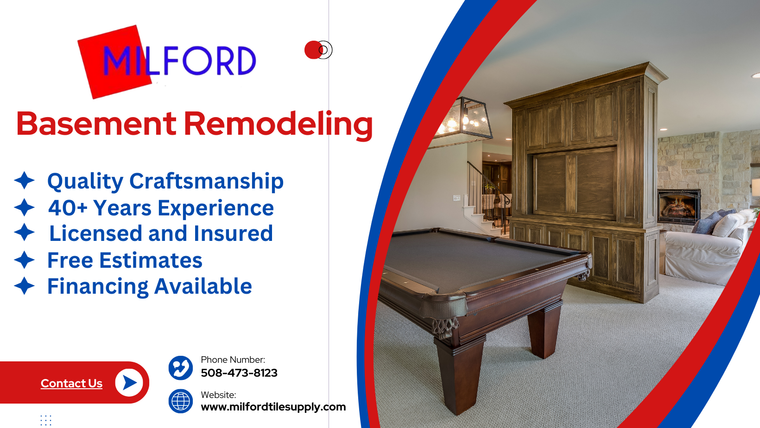 Full-Service Basement Remodeling in Holliston , MA – Milford Tile
Transform your lower level with expert basement remodeling in Holliston , MA from Milford Tile, the trusted local contractor for complete basement finishing and renovation. We handle every step of the project—from planning and layout design, to framing, insulation, drywall, electrical, plumbing, flooring, and finish trim—to create a beautiful, comfortable, code-compliant living space tailored to your home.

Our full-service basement remodeling includes:
• Basement planning and 3D design
• Framing and structural layout
• Insulation installation and moisture control
• Drywall hanging, taping, and painting
• Electrical upgrades and recessed lighting installation
• Basement bathroom plumbing and rough-in work
• Luxury vinyl plank flooring, carpet, tile, and hardwood options
• Custom trim, doors, stairs, and finish carpentry
• Basement waterproofing and vapor barrier installation
• Egress window installation for code compliance

Whether you're creating a finished basement, home office, gym, media room, in-law suite, playroom, or basement apartment, Milford Tile delivers high-quality craftsmanship, clean job sites, and results that add real value and usable living space to your home.

Choose Milford Tile for professional basement finishing, basement renovation, and full-service remodeling in Holliston , MA—built to last, beautifully designed, and completed with expert attention to detail.