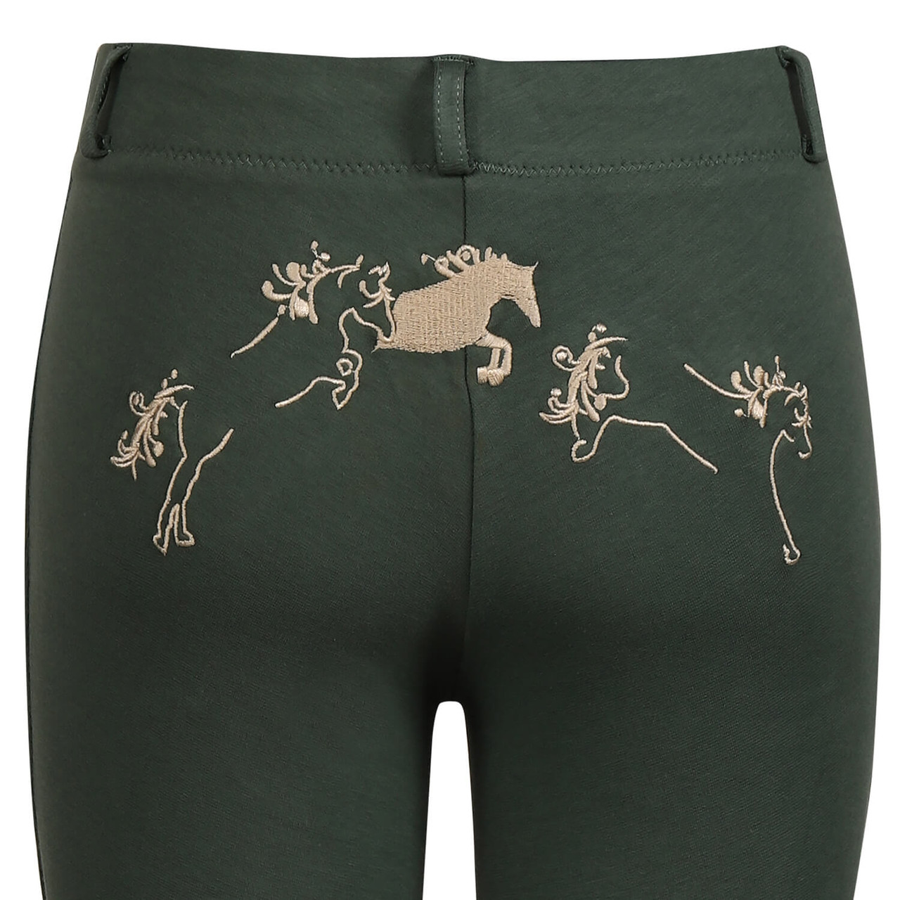 TuffRider Whimsical Horse Embroidered Pull On Jodhpurs - duck green - detail