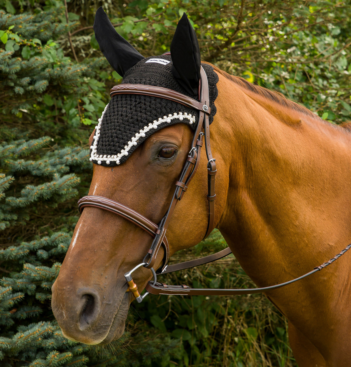 Equine Couture Fly Bonnet With Pearls & Crystals - black