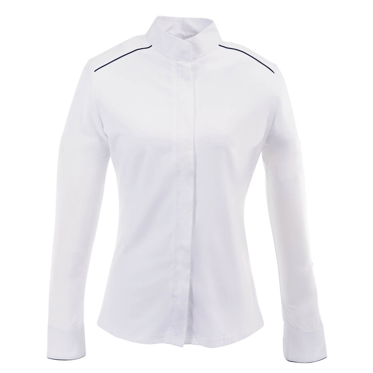 Ovation Ladies' Long Sleeve Performance Shirt - white w/navy