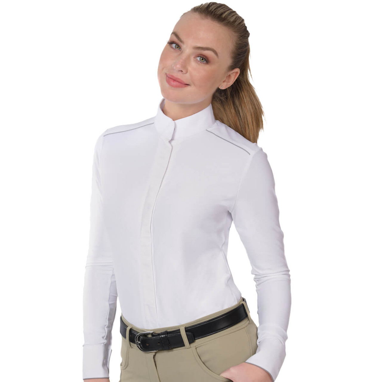 Ovation Ladies' Long Sleeve Performance Shirt - white w/grey