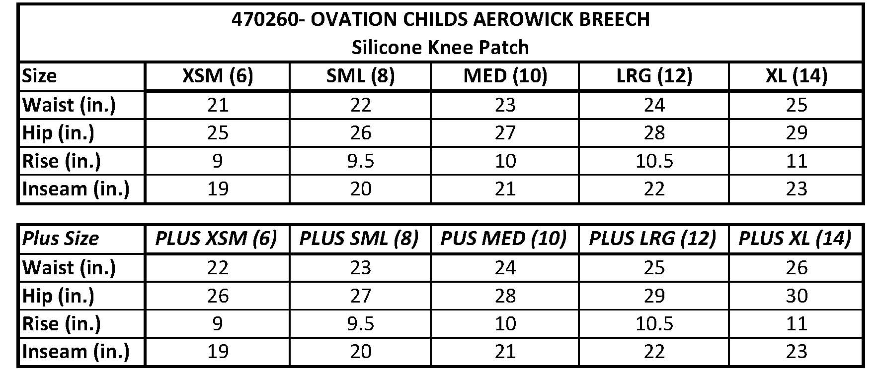 Ovation Breeches Size Chart