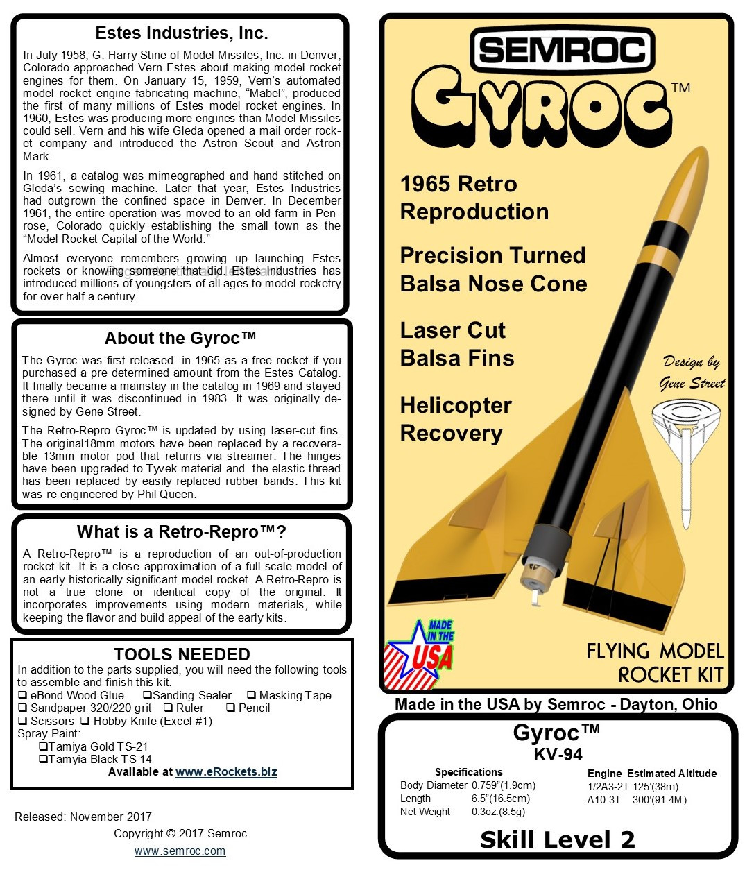 Cimroc Rokets Semroc Flying Model Rocket Kit Gyroc KV-94
