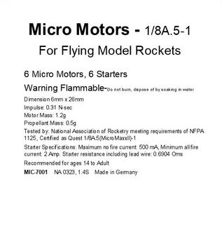 Micro Model Rocket Motors Single Use 1/8A.5-1(6pcs)  MIC-7001 <Required to Pay for UPS Ground Shipping>
