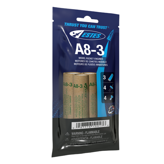 Estes 18mm Model Rocket Motors Single Use A8-3(3pk)  EST 10017(1598) <Required to Pay for UPS Ground Shipping>