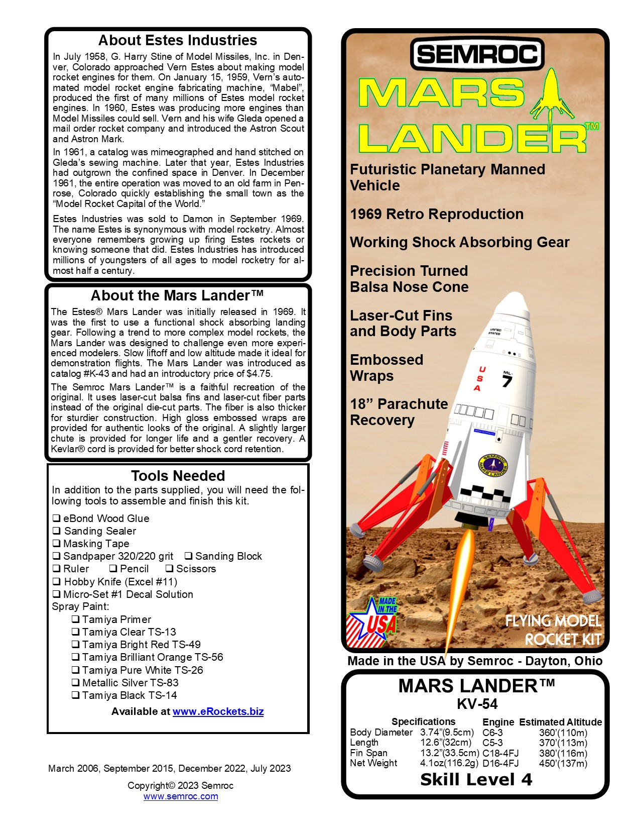 Semroc Flying Model Rocket Kit Mars Lander KV-54