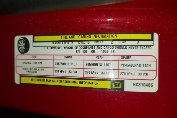 Inflating Tires Correctly: Door Jamb Tire pressures