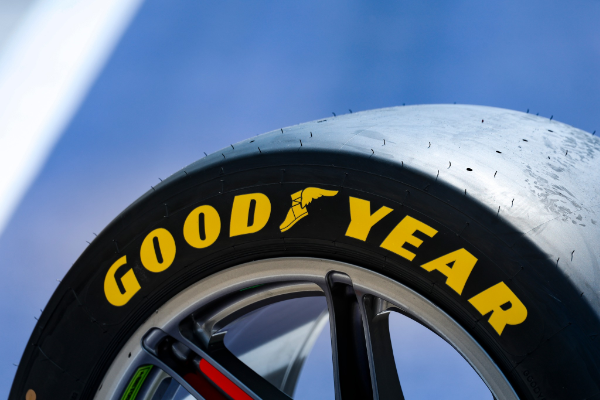 Closeup of tire sidewall with the Goodyear logo