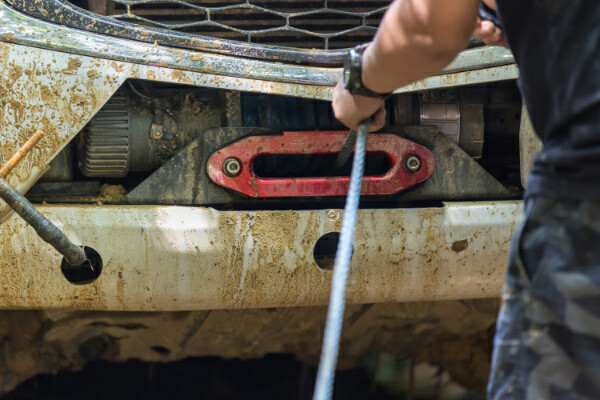 Closeup of a winch used for off-roading