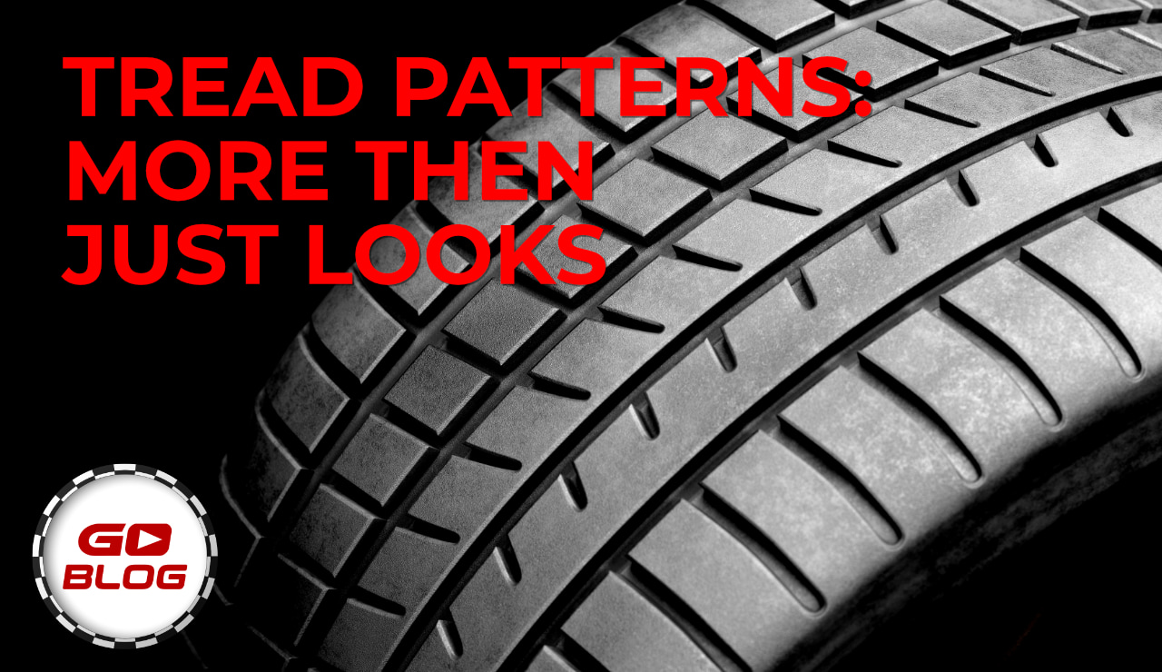 Close-up of a tire tread with overlay text 'Tread Patterns: More Than Just Looks'.