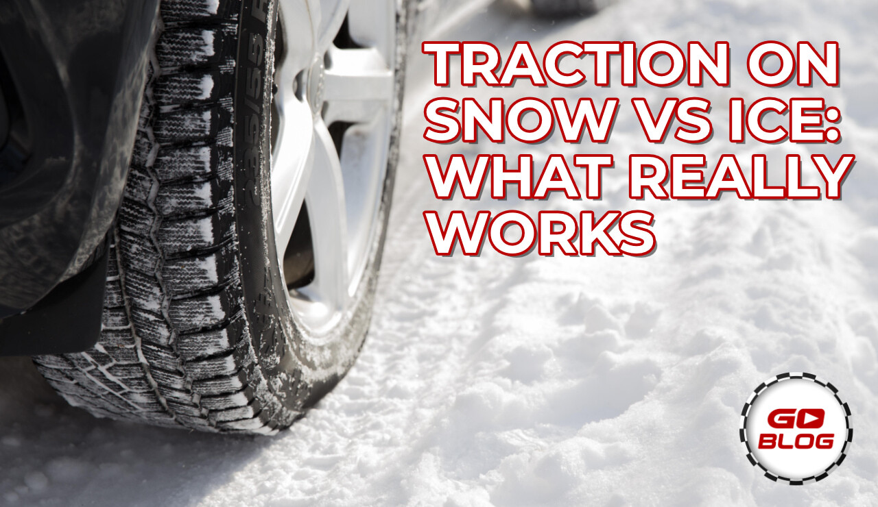 Winter driving scene showing snow vs ice traction and how tire tread affects grip