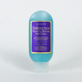 An oval shaped semi transparent tube is standing on a white background. A deep blue cream can be seen in the tube and a purple sticker reads "TriReduction 4oz" in gold text.