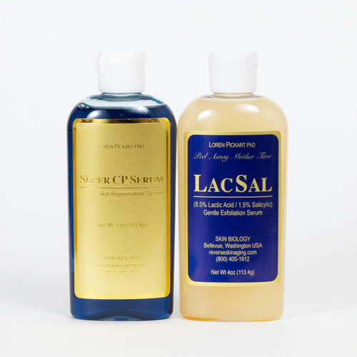 Two rounded clear bottles are pictured against a white background. One is Super CP Serum and has a gold label and the other is LacSal Serum and has a blue label with gold text. The LacSal Serum is a sepia? color.