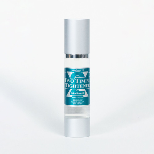 A silver airless pump is pictured against a white background. The center is clear with a with a green label that says "Two Timing Tightener 2X Extra Strength" in silver.