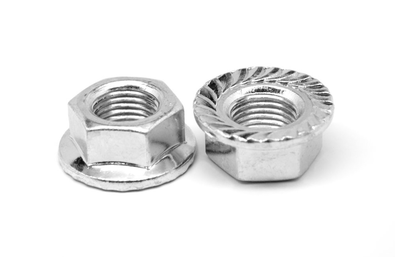 1/4"-28 Fine Thread Hex Flange Nut with Serration Case Hardened Low Carbon Steel Zinc Plated