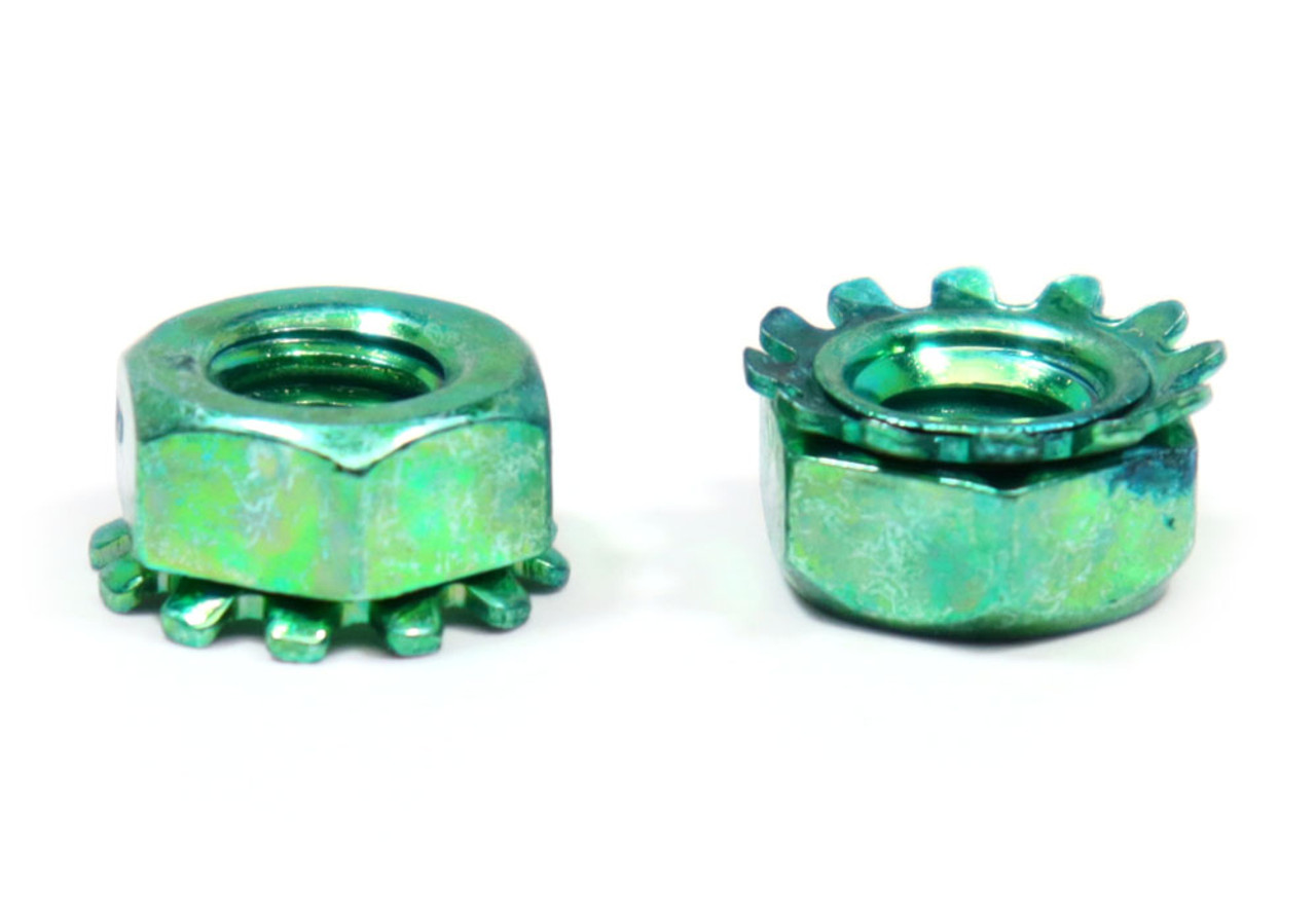 1/4-20 Coarse Thread KEPS Nut / Star Nut with External Tooth Lockwasher Low Carbon Steel Green Zinc Plated