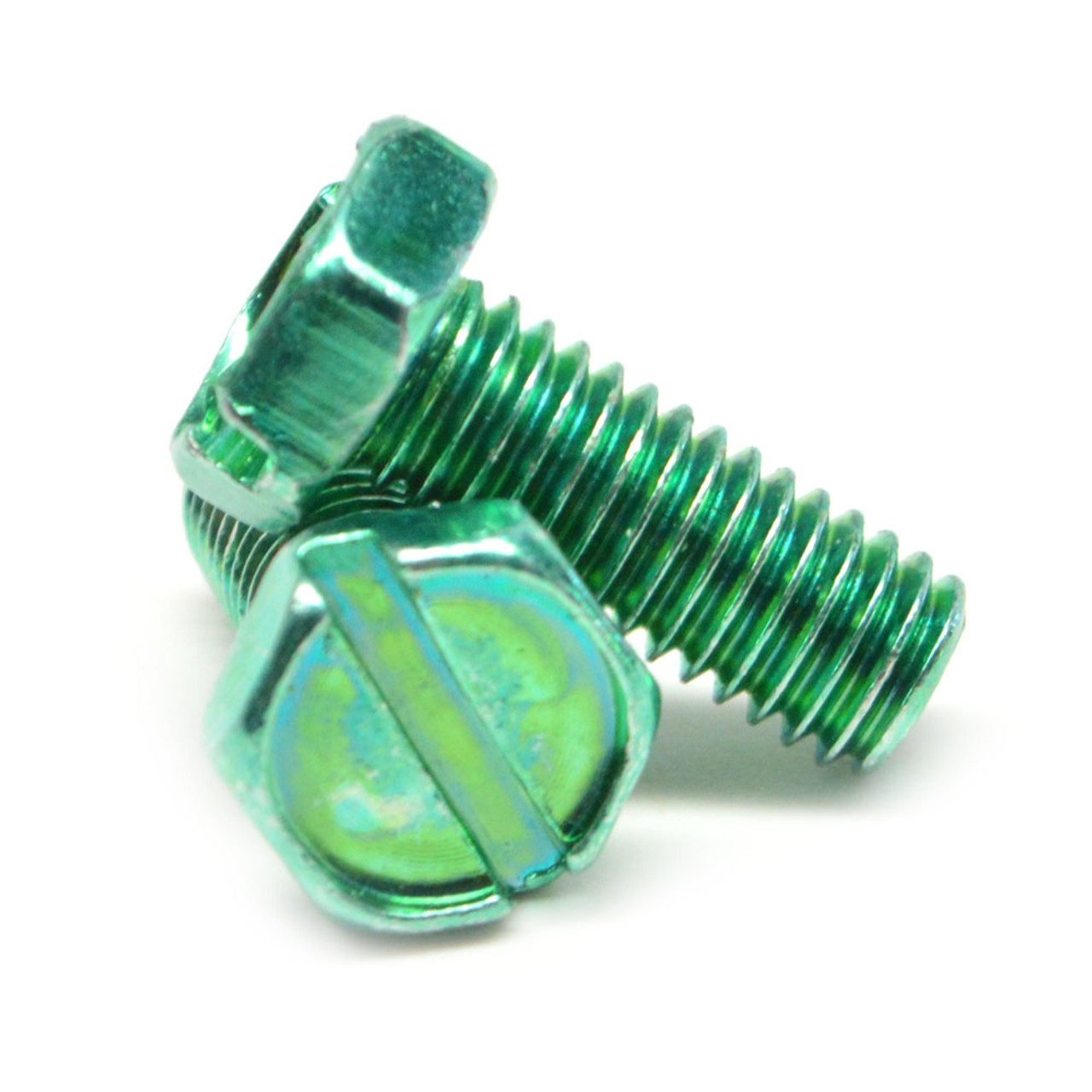#10-32 x 3/8" (FT) Fine Thread Machine Screw Slotted Indented Hex Head Low Carbon Steel Green Zinc Plated