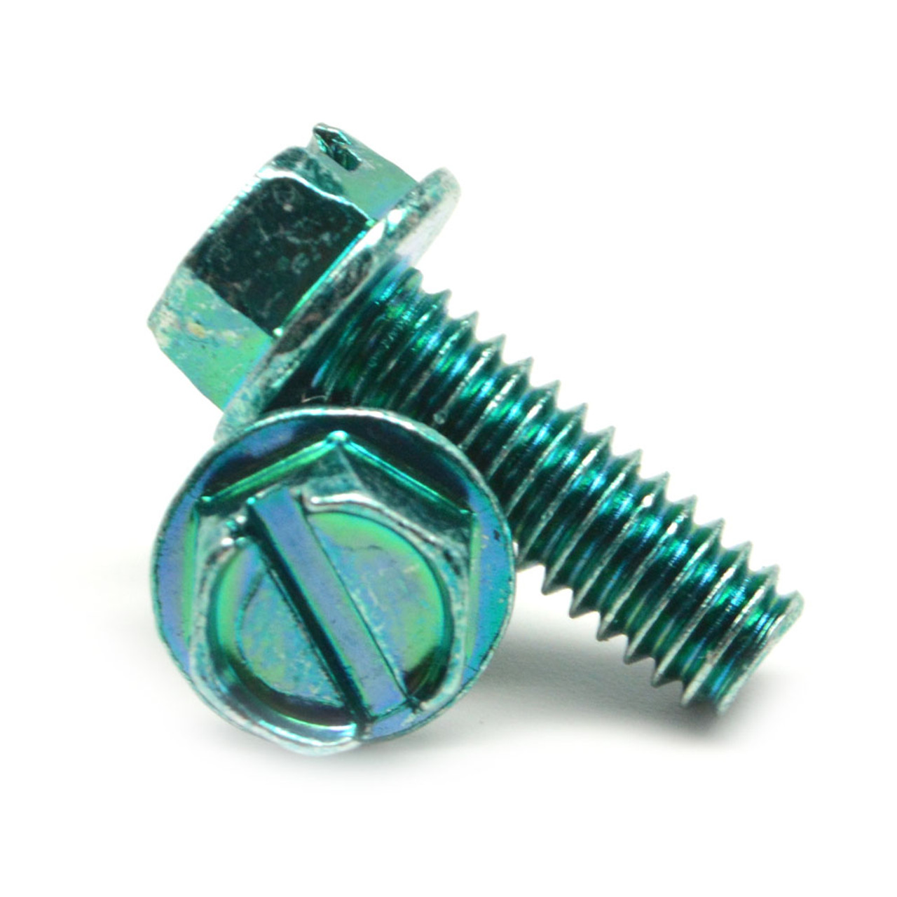 #8-32 x 1/4" (FT) Coarse Thread Machine Screw Slotted Hex Washer Head Low Carbon Steel Green Zinc Plated